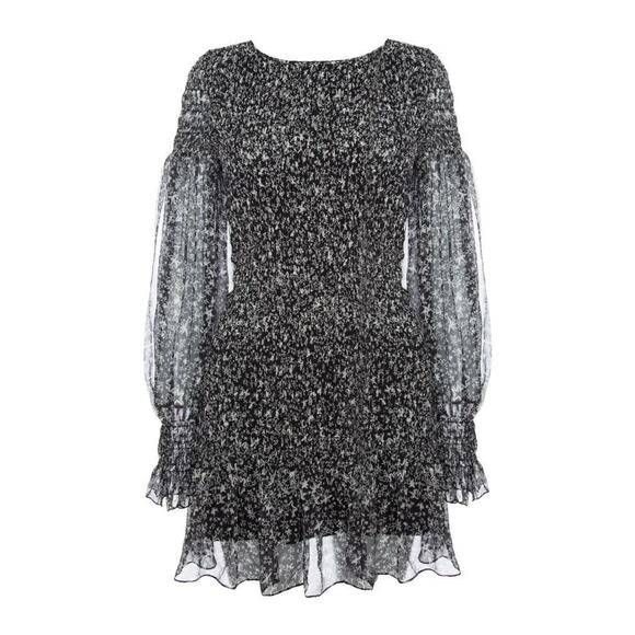 LoveShackFancy Dresses & Skirts - LoveShackFancy Scarlett Silk‎ Mini Dress XS Black White Long Sleeve Smocked EUC